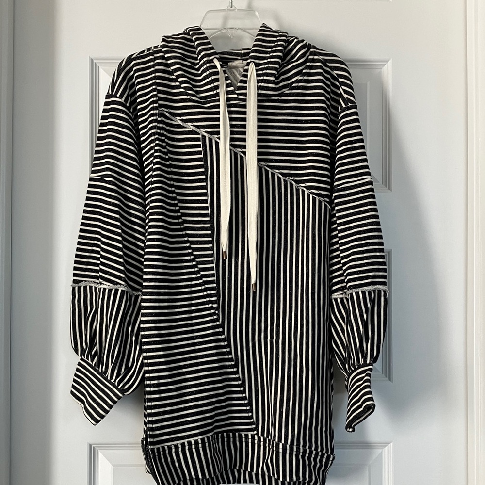 NWOT Anthropologie Pilcro Black & White Striped Patchwork Hooded Sweatshirt